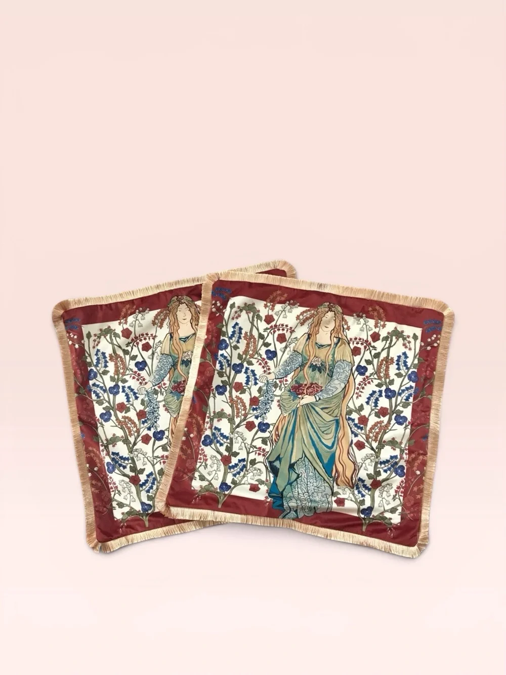 Two NWOT Red Velvet Pillow COVERS Blue Burgundy Gold Art Nouveau Fairy Style